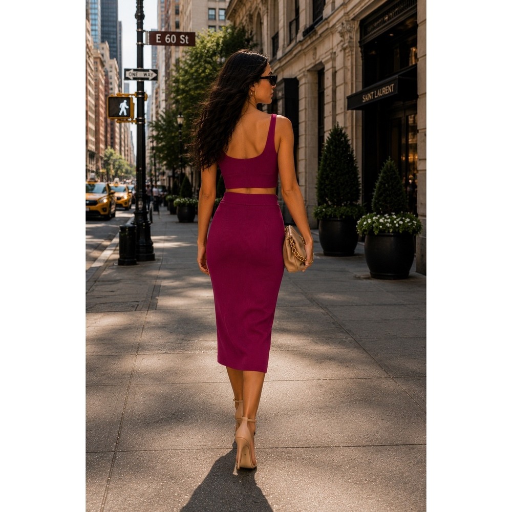 NWT House of Harlow Magenta Ribbed 2 Piece Midi Skirt Set Large - Picture 3 of 4